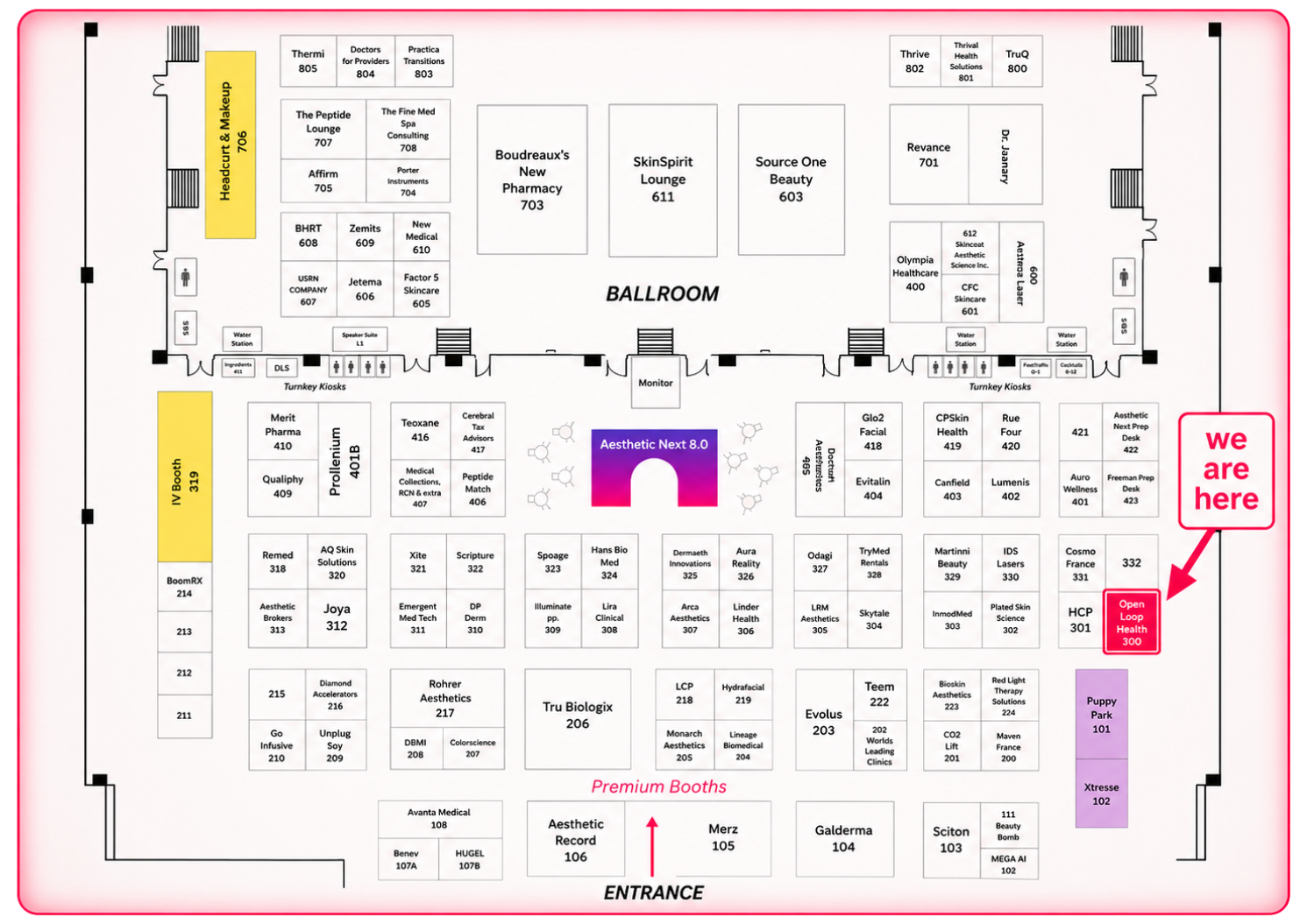 Aesthetic Next 8.0 event hall floor plan with OpenLoop's Booth #300 highlighted