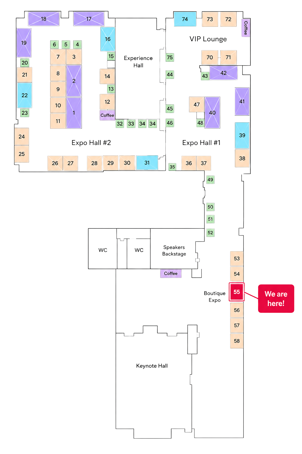 Biohackers World 2026 venue floor plan with OpenLoop's Booth #55 highlighted in the Boutique Expo area